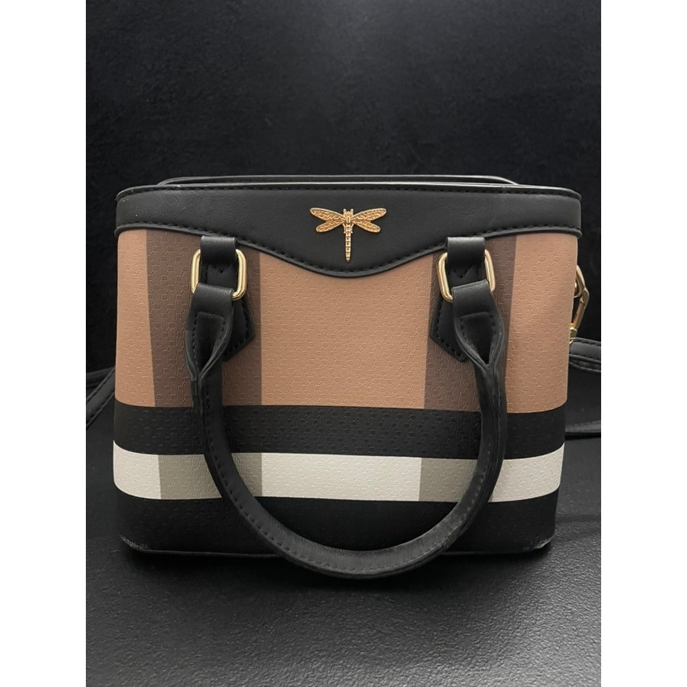 Women Dragonfly Emblem Colorblock Satchel Crossbody Bag TanBlack White Gold Tone